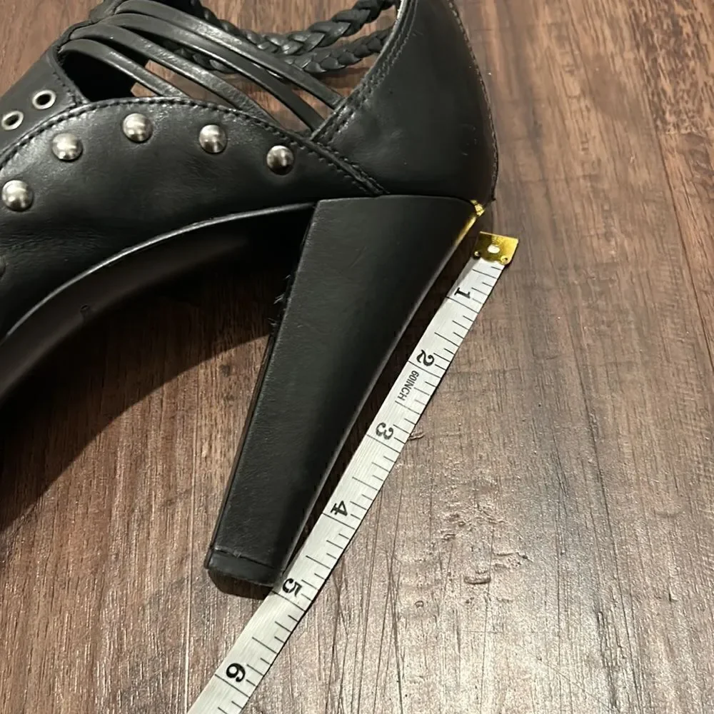 Pour La Victoire Black Leather Platform High Heels, Size 9